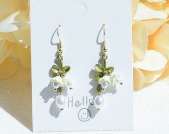 Lily of the Valley Flower Earrings, Handmade Leaf Earrings, Fairy Flower Dangle Drop Earrings, Summer Jewelry, Mother's Day Gifts For Her