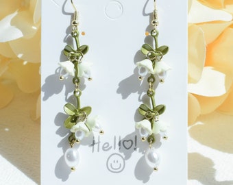 Lily of the Valley Flower Earrings, Handmade Leaf Earrings, Fairy Flower Dangle Drop Earrings, Summer Jewelry, Mother's Day Gifts For Her