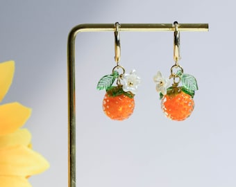 Handmade Orange Earrings, Cute Fruit Earring, Leaf Flower Earrings, Gold Fruit Dangle Drop Earring, Graduation Wedding Birthday Gift for Her