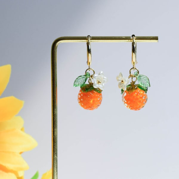 Handmade Orange Earrings, Cute Fruit Earring, Leaf Flower Earrings, Gold Fruit Dangle Drop Earring, Graduation Wedding Birthday Gift for Her