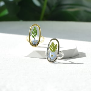 Forget Me Not Resin Flower Leaf Ring, Gold Adjustable Dainty Floral Ring, Botanical Silver Ring, Resin Keepsake Jewellery, Anniversary Gifts