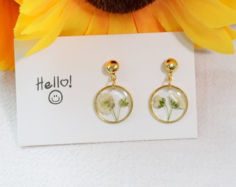 14K Gold Real Pressed Baby&#39;s Breath Flower Earrings, Dried Gypsophila Resin Earrings, Dangle Drop Earrings, Wedding Birthday Gifts for Her