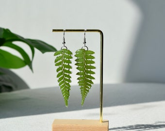 Real Pressed Leaves Earrings, Gold Dried Leaf Resin Earrings, Silver Fern Leaf Earring, Handmade Dangle Drop Earrings, Birthday Gift for Her