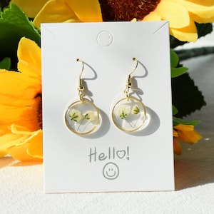 14K Gold Real Pressed Baby&#39;s Breath Flower Earrings, Dried Gypsophila Earring,Resin Floral Dangle Drop Earring, Unique Birthday Gift for Her