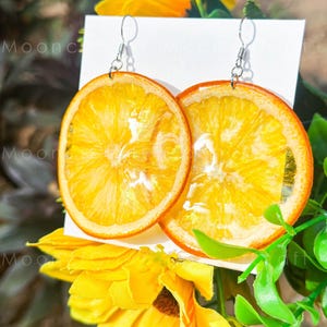 Handmade Orange Pressed Fruit Earrings, 14K Gold Dried Fruit Resin Earrings, Real Fruit Earrings, Dangle Drop Earring, Birthday Gift for Her