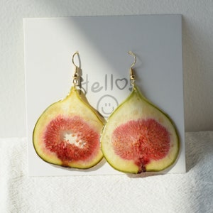 14K Gold Handmade Real Figs Pressed Fruit Earrings, Dried Resin Earrings, Unique Jewelry, Nature Dangle Drop Earrings, Birthday Gift for Her