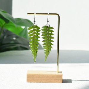 Op de afbeelding: Een paar groene varen oorbellen die aan een gouden standaard hangen. De oorbellen zijn gemaakt van metaal en hebben een delicate, natuurlijke uitstraling.