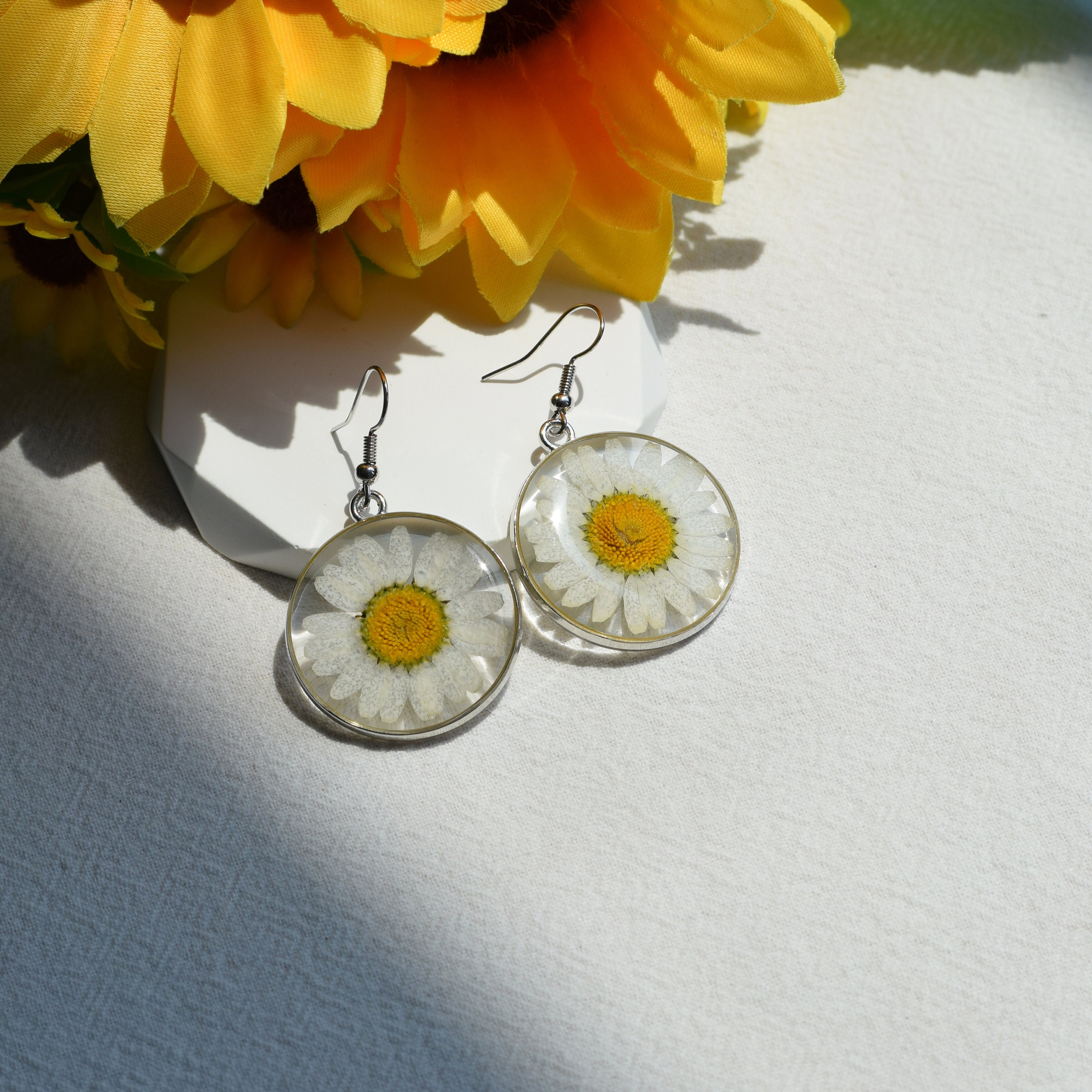 Real Daisy Flower Earrings Handmade Resin Jewelry Pressed
