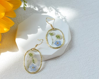 Forget Me Not Handmade Real Pressed Flower Earrings, Dry Floral Resin Earrings, Wedding Dangle Drop Earrings, Perfect birthday Gifts for Her