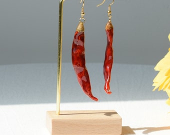 Handmade Chilli Real Pressed Pepper Earrings, Dried Chilli Resin Earrings, Real Food Earrings, Dangle Drop Earrings, Birthday Gift for Women