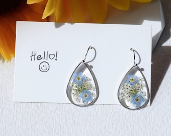 Forget Me Not Handmade Real Pressed Flower Earrings, Dry Floral Resin Earrings, Wedding Dangle Drop Earrings, Perfect birthday Gifts for Her