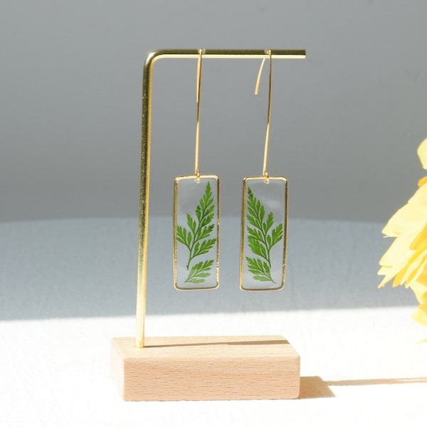 Handgemachte echte gepresste Blätter Ohrringe, Gold getrocknete Blatt-Harz-Ohrringe, Farn Blätter Ohrring, Gold baumeln Tropfen Ohrringe, Geburtstagsgeschenk für sie