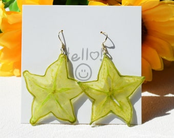 Real Star Fruit Pressed Fruit Earrings, 14K Gold Dried Resin Earrings, Real Fruit Earrings, Handmade Dangle Drop Earring, Birth Gift for Her