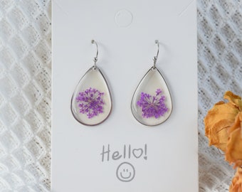 Handmade Real Pressed Flower Earrings, Dry Floral Resin Earrings, Purple Flower Dangle Drop Earring, Wedding Christmas Birthday Gift for Her