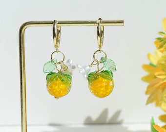 Handmade Orange Earrings, Cute Fruit Earring, Leaf Flower Earrings, Gold Fruit Dangle Drop Earring, Graduation Wedding Birthday Gift for Her