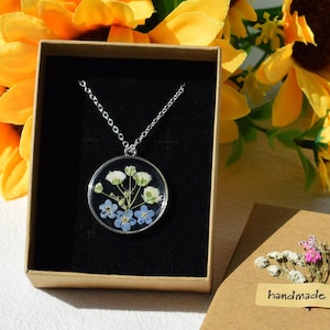 Forget Me Not Handmade Real Pressed Flower Necklace, Dried Floral Resin Necklace, Real flower Wedding Necklace,Perfect Birthday Gift for Her