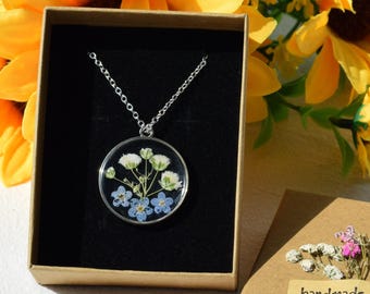 Forget Me Not Real Pressed Flower Necklace, Adjustable Chain Dried Floral Resin Wedding Necklace, Handmade Christmas Birthday Gift for Her