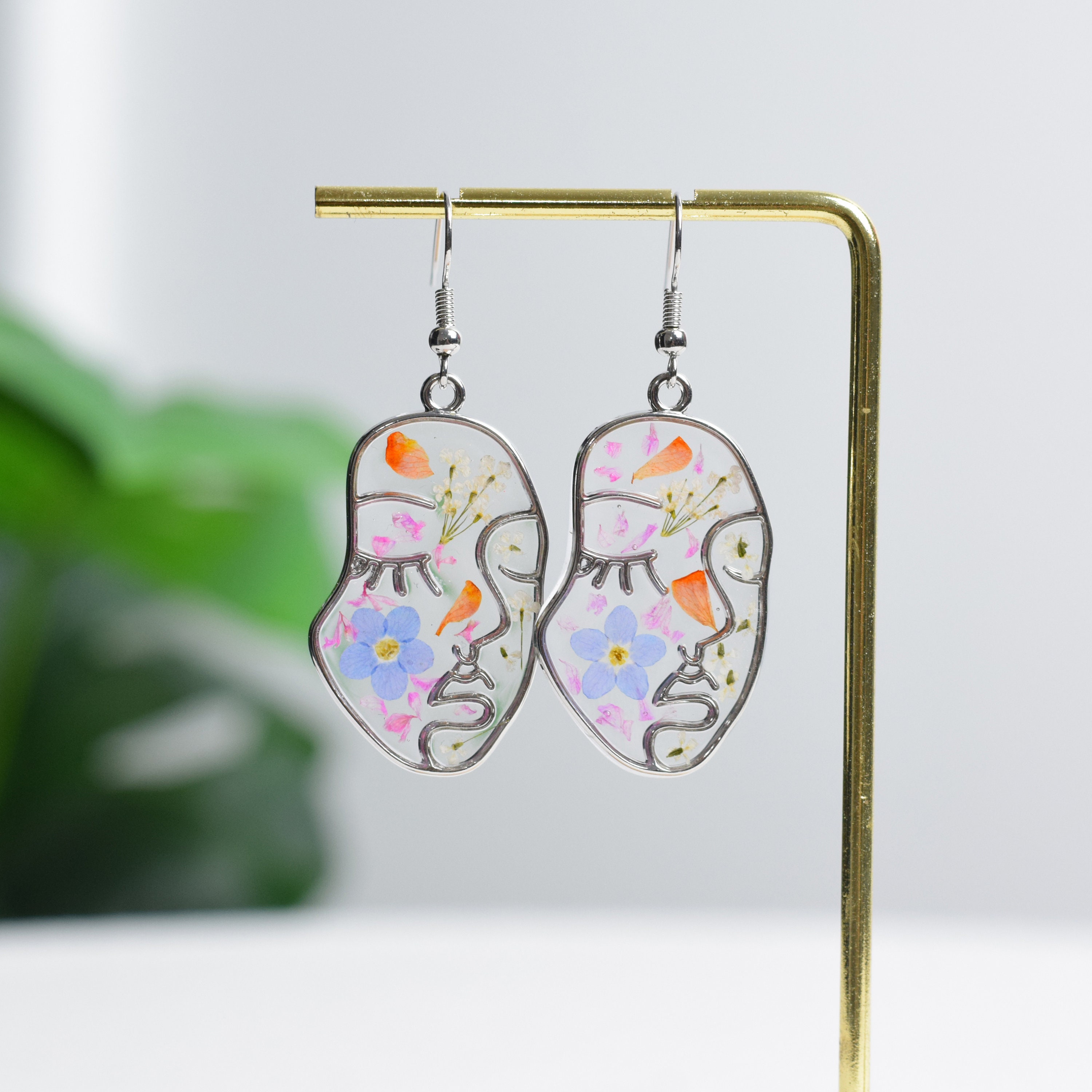 Silver Abstract Face Earrings With Real Pressed Flower Minimal