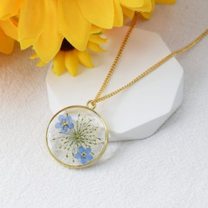 Forget Me Not Handmade Real Pressed Flower Necklace, Dried Floral Resin Necklace, Real Flower Wedding Necklace,Perfect Birthday Gift for Her