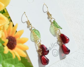 Handmade Pomegranate Seed Earrings, Cute Fruit Earring, Leaf Flower Earrings, Gold Fruit Dangle Drop Earrings, Wedding Birthday Gift for Her