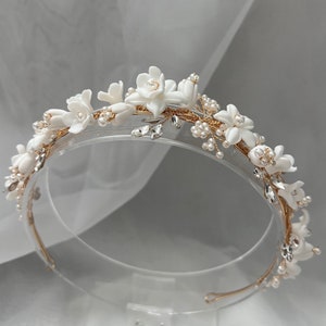 Floral Bridal Headband | White Porcelain| Flower Girl Headband | Wedding Headpiece| Crystal Bridal Hair Accessory |