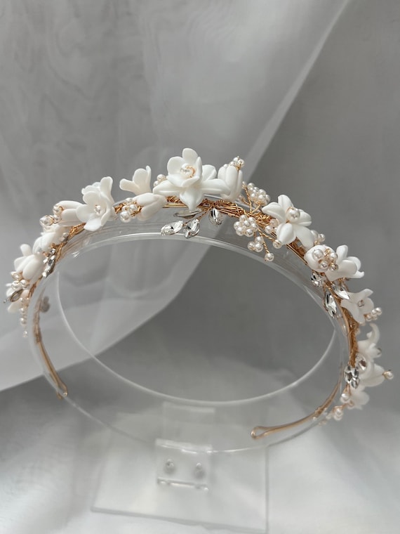 Porcelain Floral Bridal Headband | Crystal Wedding Hair Accessory