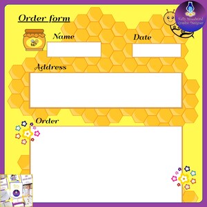 Può includere: Un modulo d'ordine giallo e viola con un motivo a nido d'ape. Il modulo ha campi per il nome, l'indirizzo, la data e l'ordine. Il modulo presenta anche un'ape dei cartoni animati e un barattolo di miele.