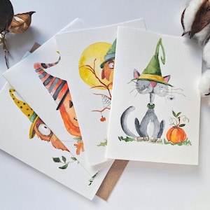 Conjunto de 4 aquarelas sobre papel, Halloween, outono, pintado à mão