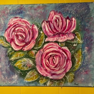 Original  Pink Rose Painting .Hand-painted  Pink  Rose Acrylic Painting , original canvas 16 x 20 . Floral art work. Art by BLawson