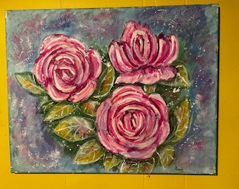 Original Pink Rose Acrylic Painting, Floral Canvas Art (16x20)