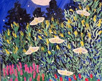 Moonlit Wildflower Meadow Original Painting, Whimsical Moth Art, Enchanted Garden Night Landscape, Cottagecore Wall Decor