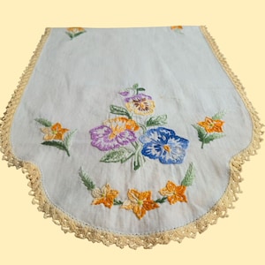 Vintage Hand-Embroidered Floral Table Runner Lace Trim Cotton Rectangle table linens rainbow colorful