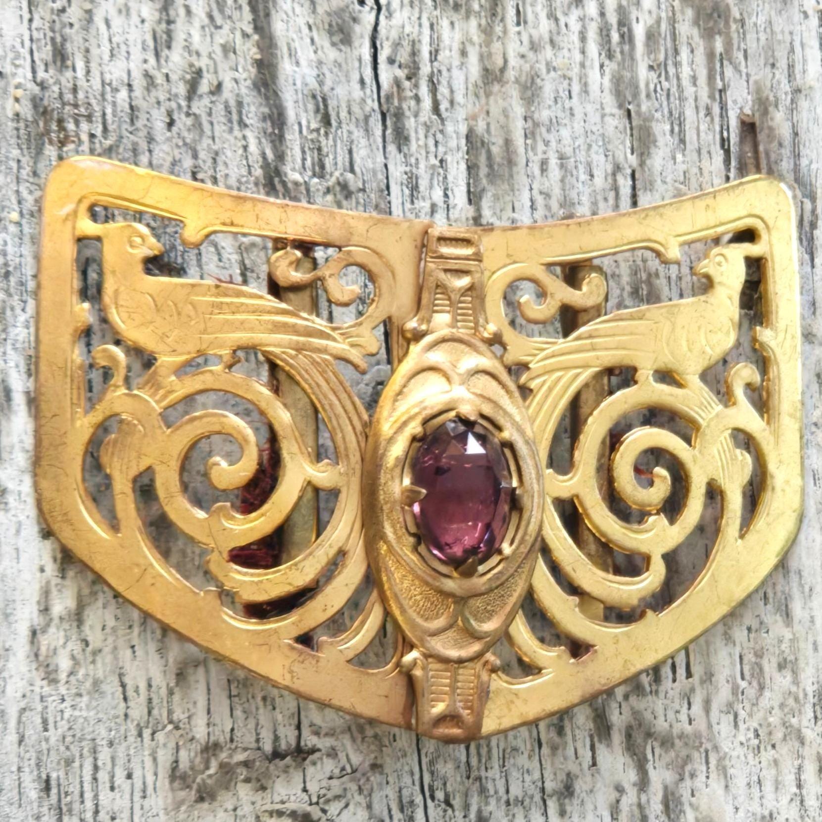 Vintage Carved Etched Floral Brass Sash Buckle With Pin Gorgeous Victorian era sash buckle! I love the floral design  main image 2