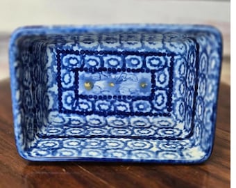 VTG Nantucket mini  Loaf Baking Dish Cookware  Ceramic Polish blue, polish bakeware Pottery
