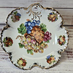 Vintage Trimont Japan Pedestal bowl Hand-Painted Fruit Design Gold Trim, Antique cake display, gift for baker,Fruit, hand painted serving