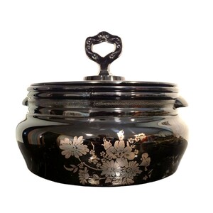 Vintage L.E. Smith Black Amethyst Bowl  Handles Silver Floral Pattern bean pot