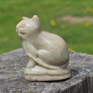May include: A small, light-colored stone cat figurine. The cat is in a seated position with its tail curled around its body. The sculpture has a smooth, polished finish and is set on a round base. The background is blurred green.