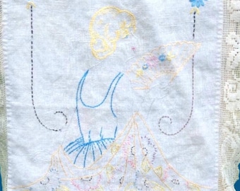 Vintage Embroidered runner Lady fanning herself Table Lace Edge