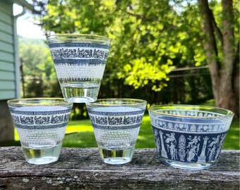 Vintage Jeanette Glass Patrician Greek Key Pattern Hellenic Chariot Shot Glasses toga party