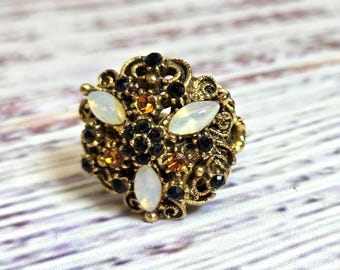 VTG  FLORENZA Signed Gold Tone Dome Moonglow Ring Onyx Citrine Rhinestone Jewellery Ring