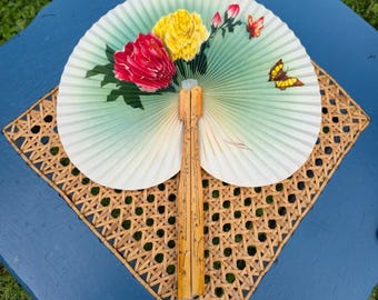 Antique Chinese Floral Hand Fan: Bamboo & Paper, 1970s Art