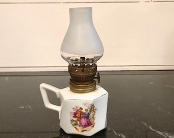 Vintage Norcrest Japan Mini Oil Lamp Porcelain Courting Scene Victorian Decor