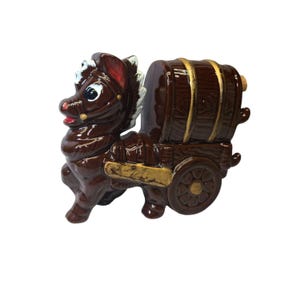 Vintage Barrel Whiskey Decanter Hand Painted Pottery Mule Cart 1940's Kitsch Post WWII