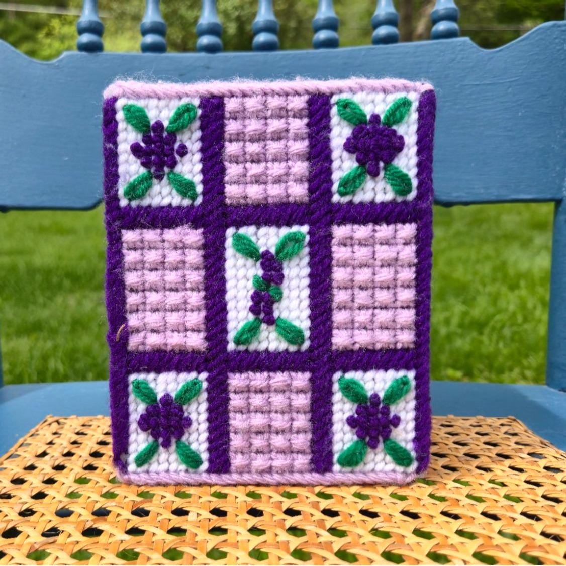Vintage Embroidery Purple Tissue Box Cover floralLavender cottage core grannycore Handcrafted