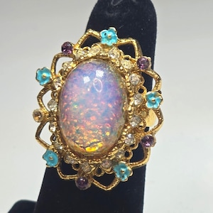 Vintage Statement Ring Opalescent Center Stone Blue Enamel Flowers Adjustable