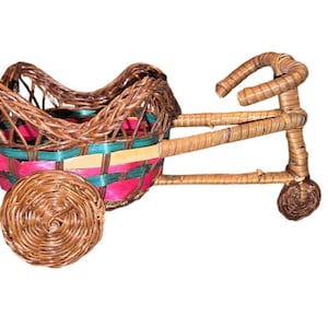 Vintage Wicker Tricycle Planter Basket With Colorful Weave Design boho Rainbow Cottage core basket collector rattan