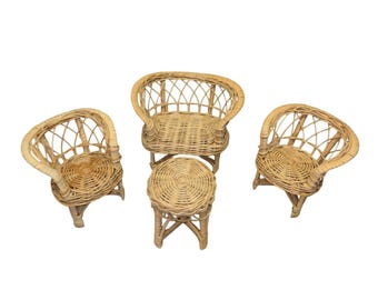 NWOT Vintage  Wicker Doll Furniture Set Loveseat Chairs End stand Rattan Barbie mini patio set Boho Fairy house