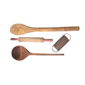 Antique Primitive Wood Kitchen Utensil Set: Rolling Pin, Spoons & Grater