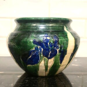 Antique Japanese Awaji Pottery Iris planter Green Glaze Art Nouveau Ceramic READ