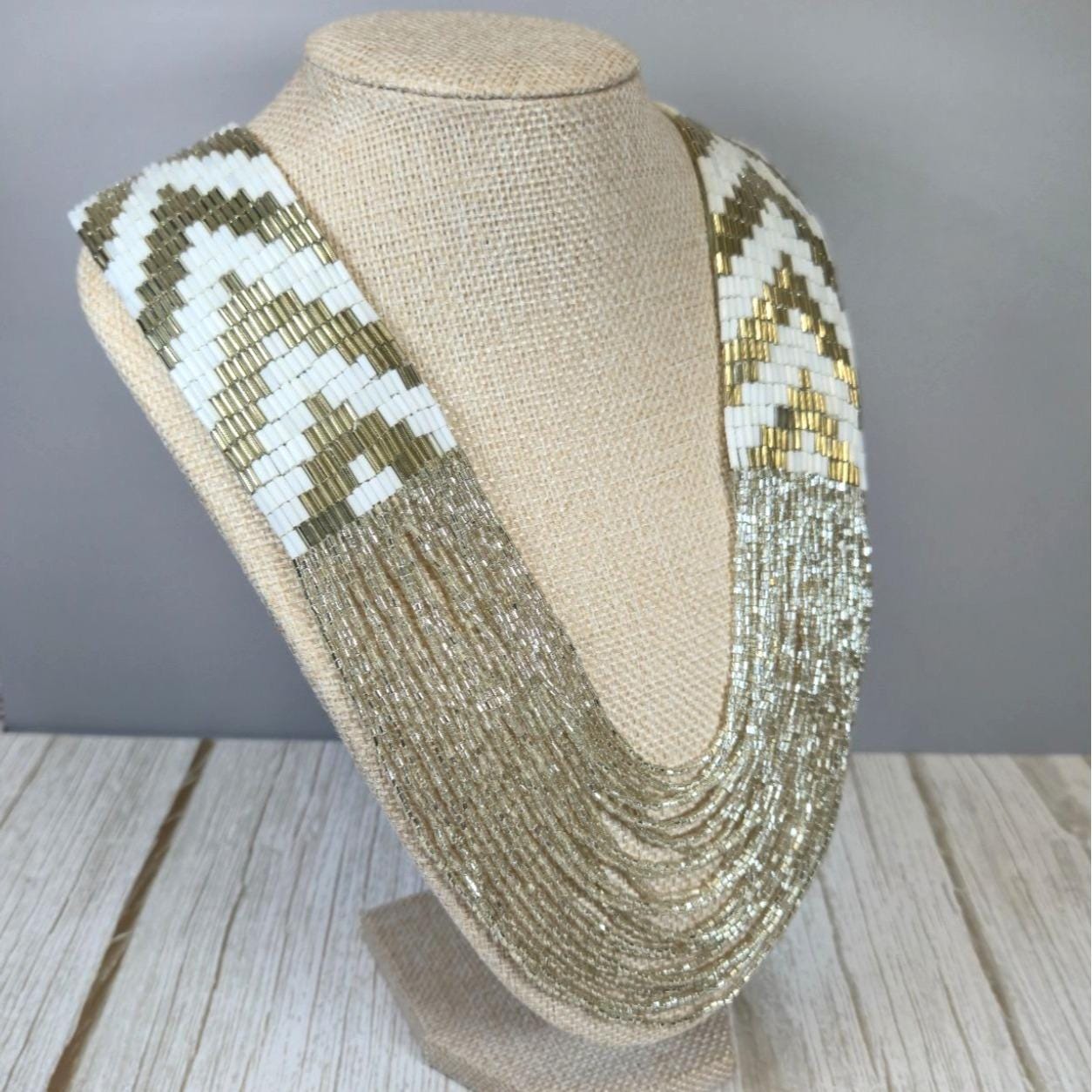 Handcrafted Multistrand Gold  White seed bead Chevron Necklace Statement Jewelry